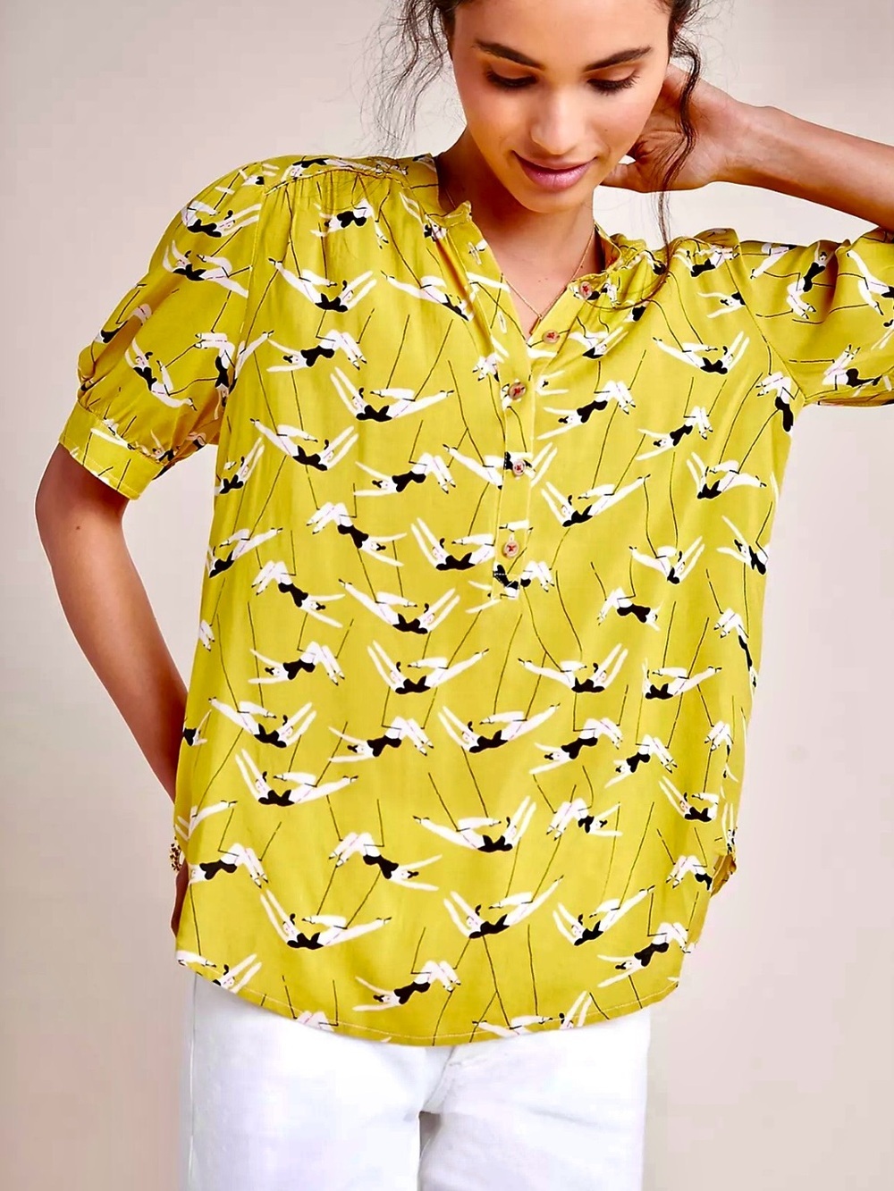 Anthropologie Top Emily Isabella Mustard Yellow Flying Trapeze Top Size xs